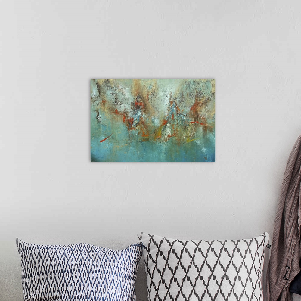 A bohemian room featuring Contemporary abstract painting using vibrant cool tones with splashes of warm tones mixed in to b...
