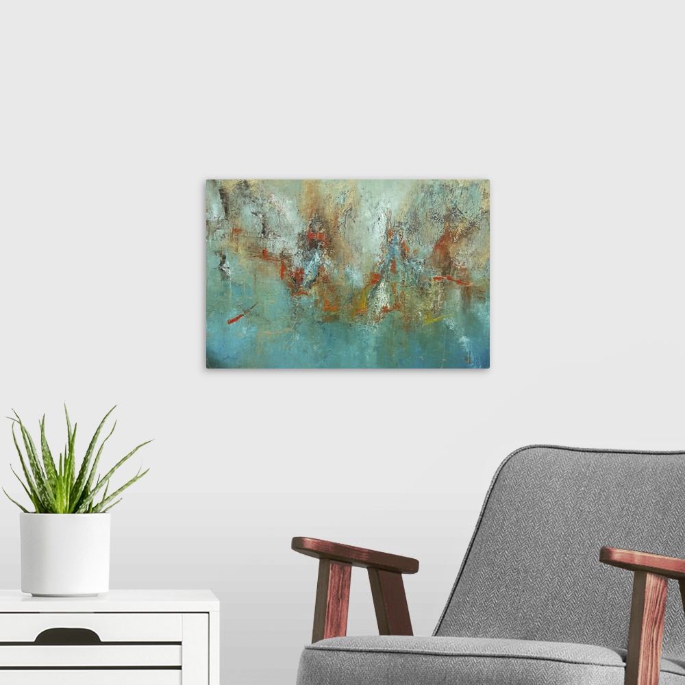 A modern room featuring Contemporary abstract painting using vibrant cool tones with splashes of warm tones mixed in to b...