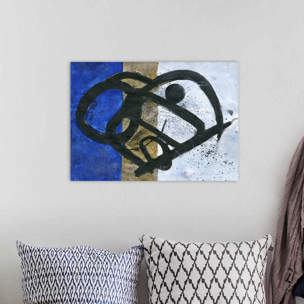 A bohemian room featuring Contemporary abstract painting of bold lines over blue, gold, and white color blocks.