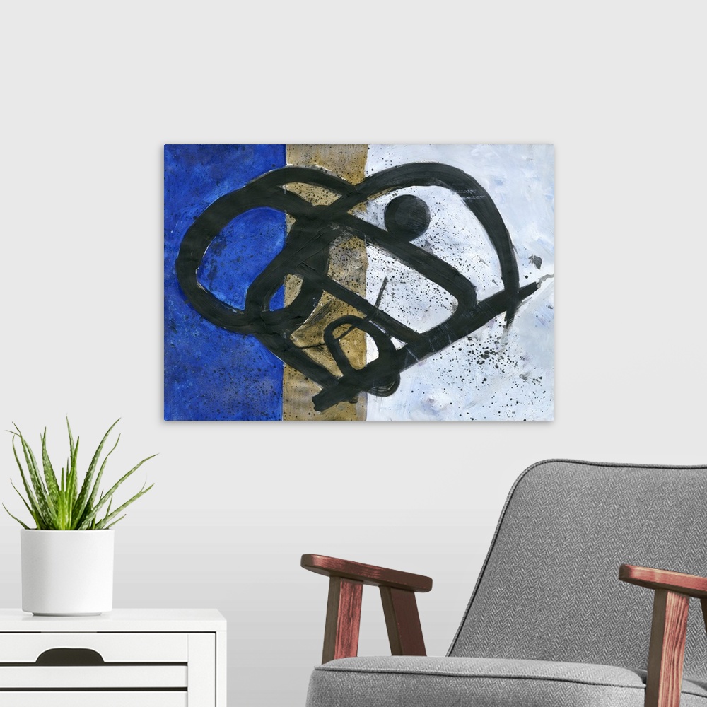 A modern room featuring Contemporary abstract painting of bold lines over blue, gold, and white color blocks.