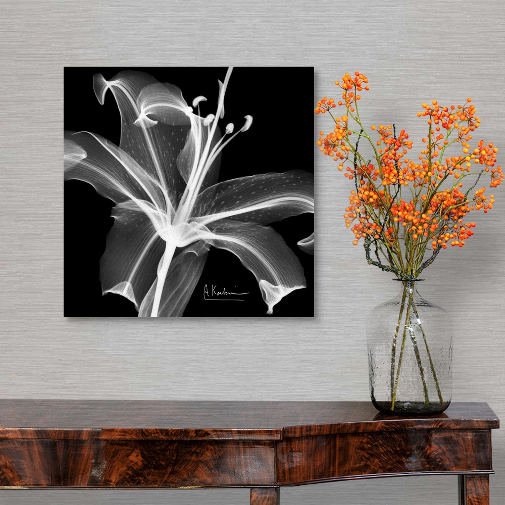 A traditional room featuring Square canvas photo of a transparent flower.