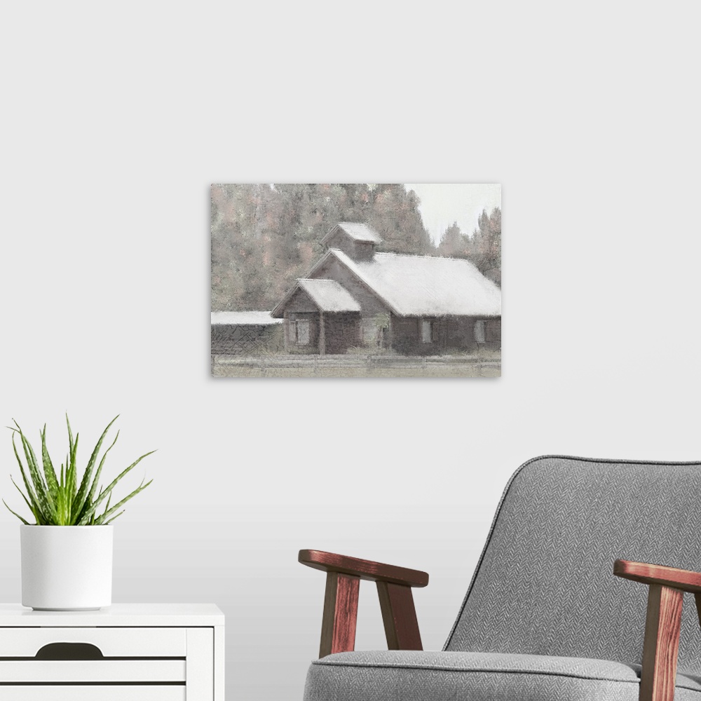 A modern room featuring An image in shades of gray of a farmhouse with trees behind it with a textured overlay.