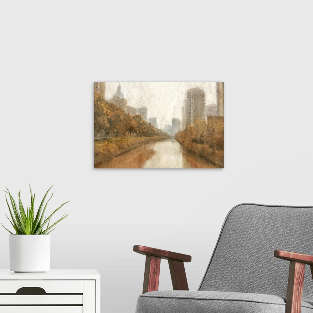 A modern room featuring Fall scene of a river in a city with skyscrapers and orange trees.