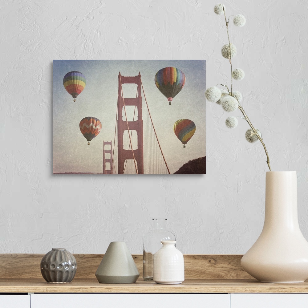 A farmhouse room featuring Artistically filtered photograph of the golden gate bridge surrounded by hot air balloons.