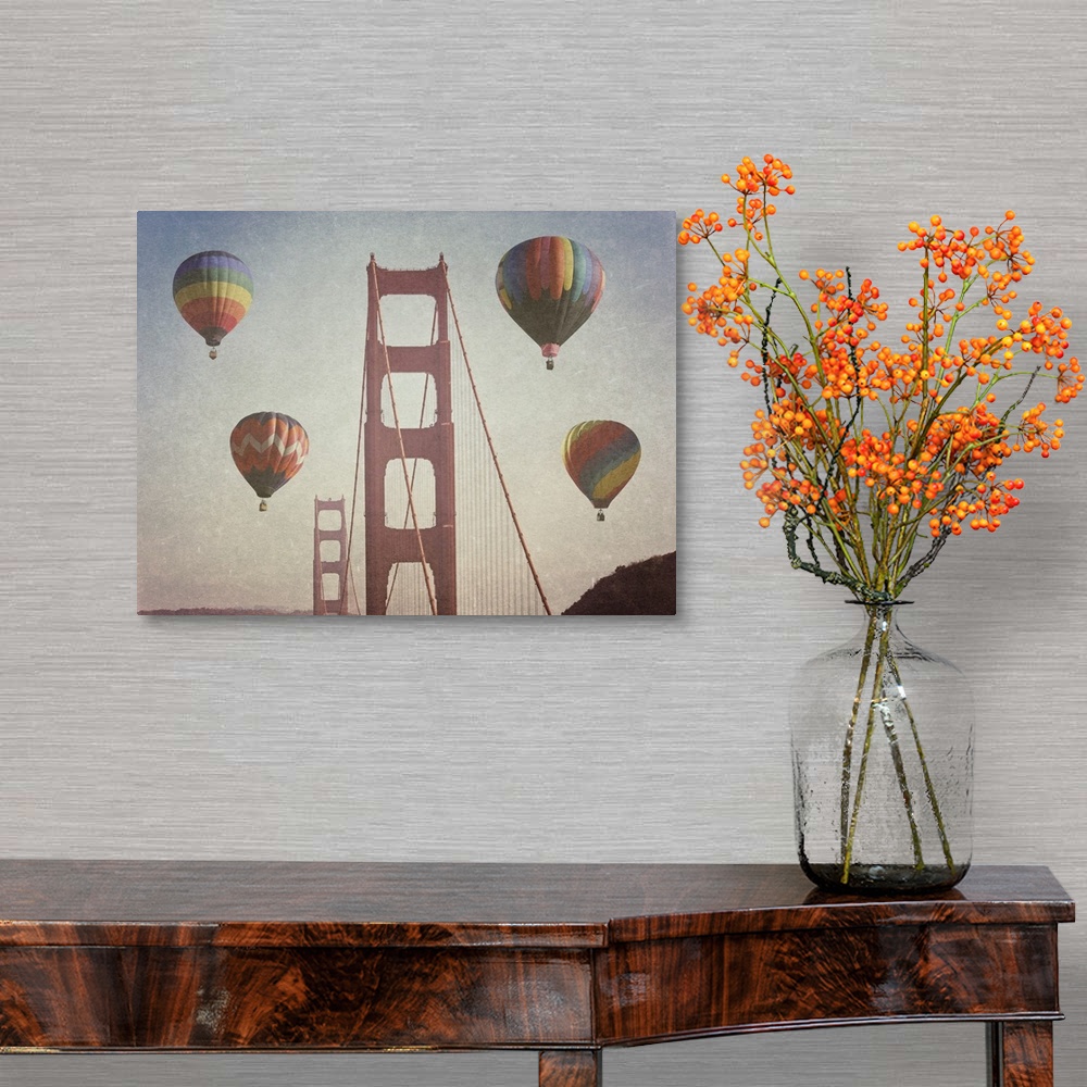 A traditional room featuring Artistically filtered photograph of the golden gate bridge surrounded by hot air balloons.