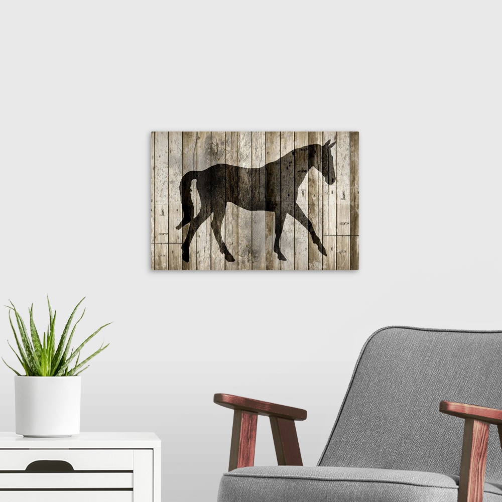 A modern room featuring A silhouette of a horse on a rustic wood paneled background.
