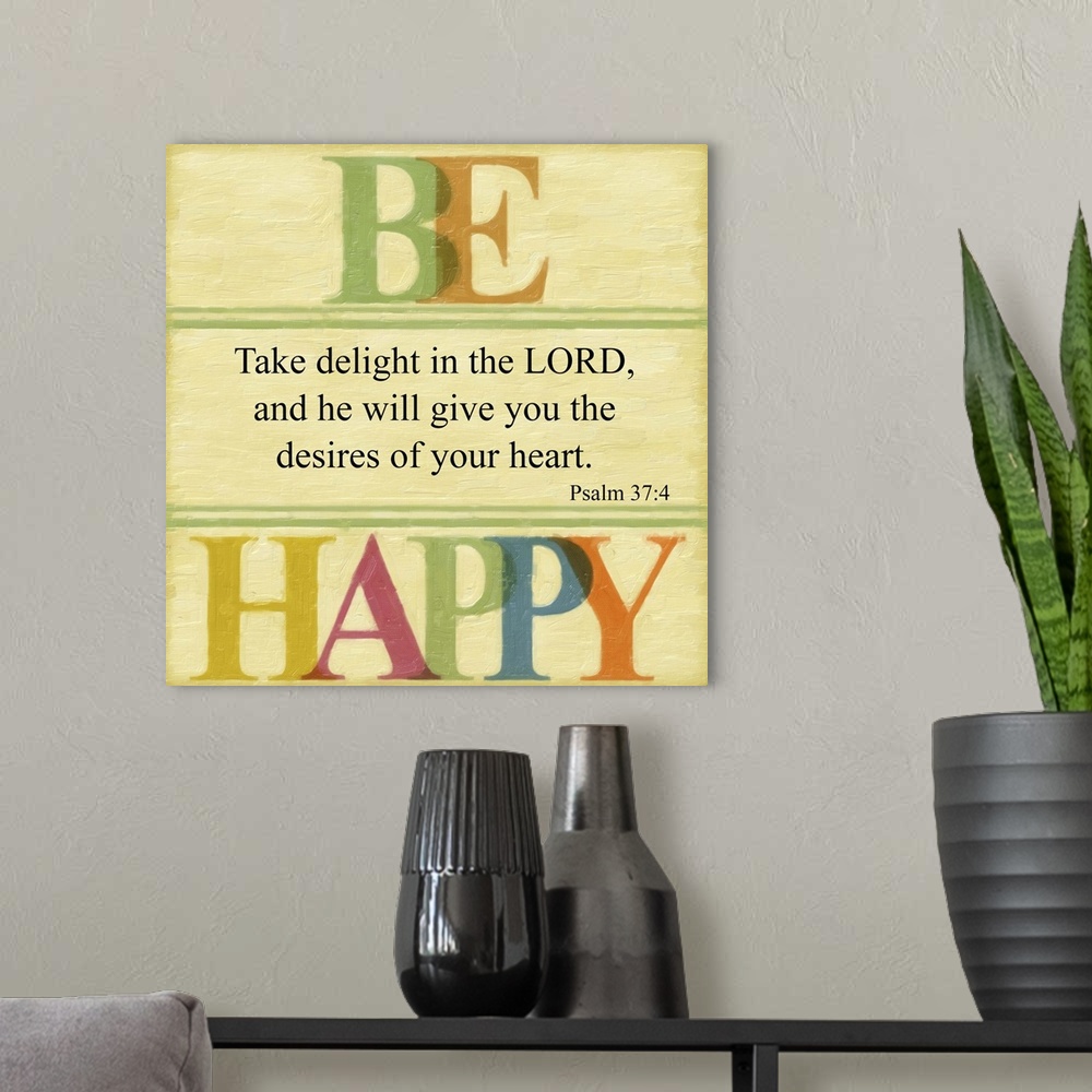 A modern room featuring Bible verse Psalm 37:4 framed by letters in rainbow colors.