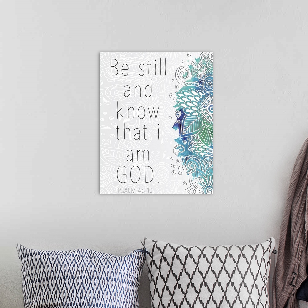 A bohemian room featuring Bible verse Psalm 46:10 with a blue floral design.