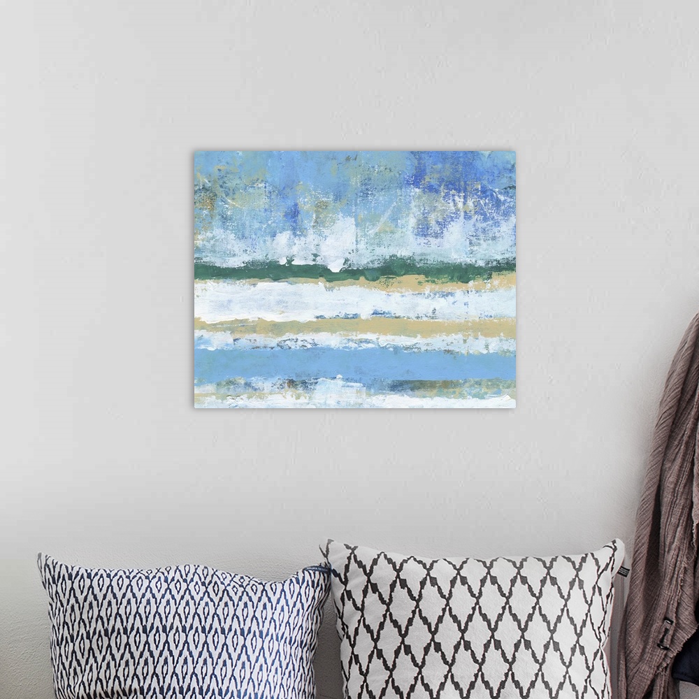 A bohemian room featuring Contemporary abstract painting resembling an ocean landscape with a sandy beach.