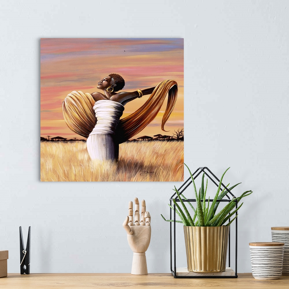 A bohemian room featuring Contemporary African painting of a woman in a field raising her arms.