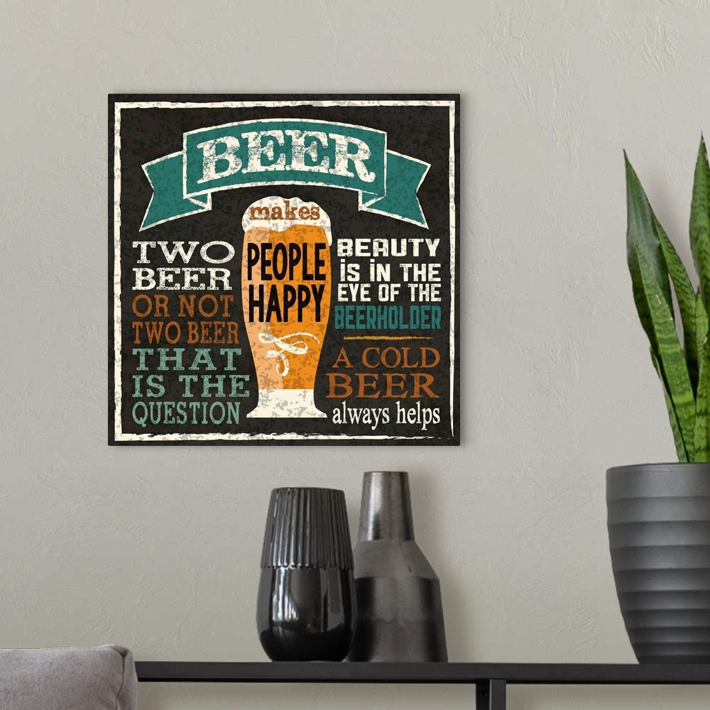 A modern room featuring Chalkboard style artwork featuring a  glass of beer and beer-related phrases.