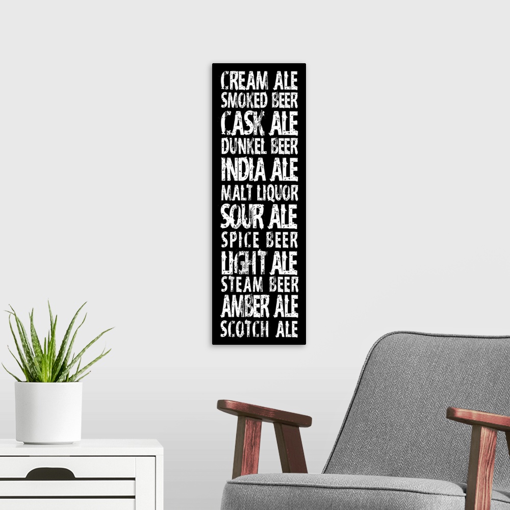 A modern room featuring Typography art in vertical orientation listing different kinds of beer, in a grungy urban style o...