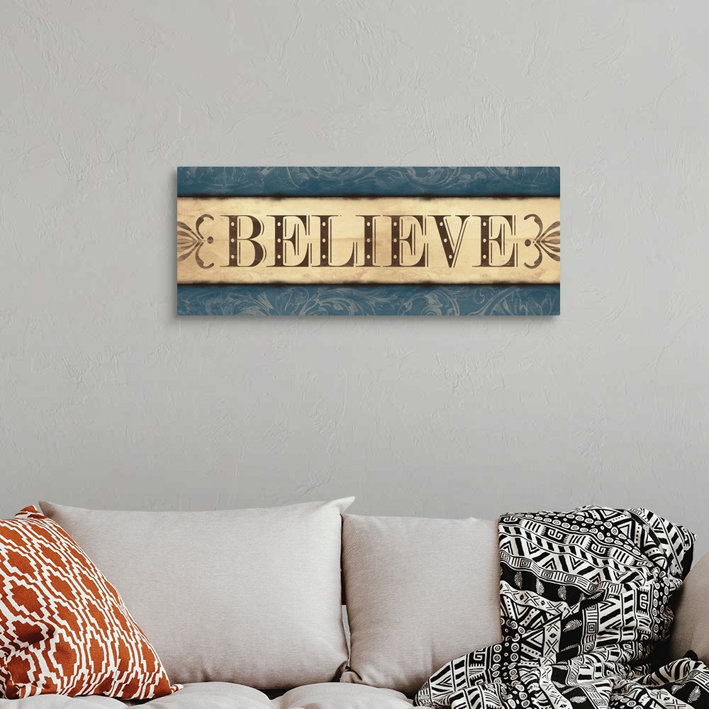 A bohemian room featuring Landscape oriented inspirational artwork with the word "Believe" in the center of the image. With...