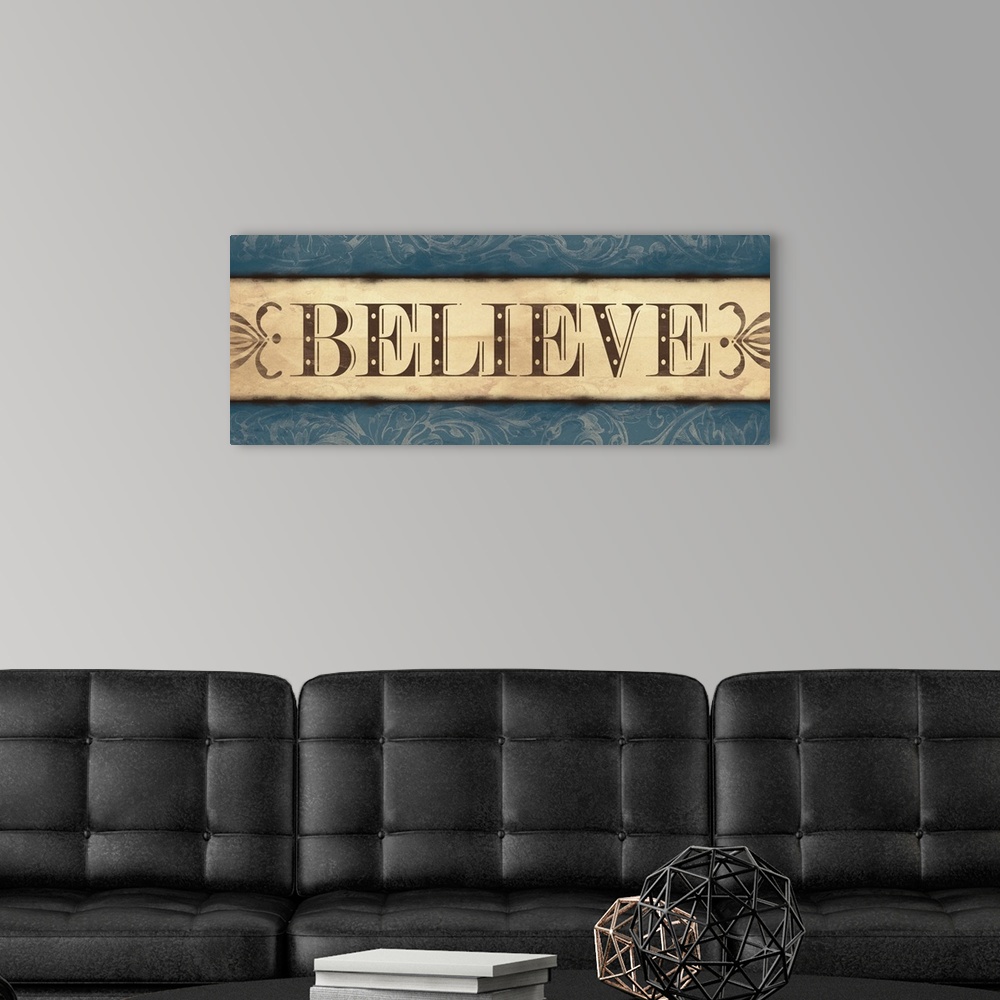 A modern room featuring Landscape oriented inspirational artwork with the word "Believe" in the center of the image. With...