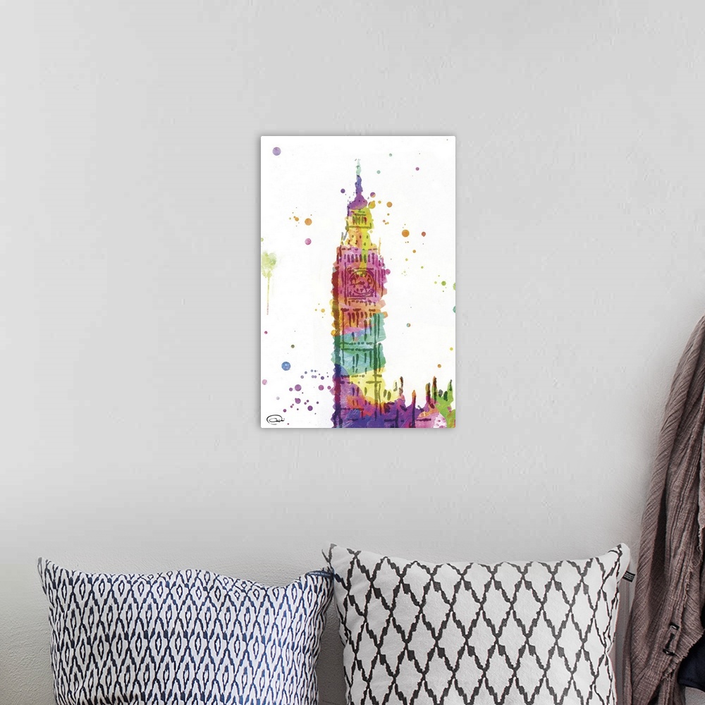 A bohemian room featuring Rainbow watercolor image of Big Ben.
