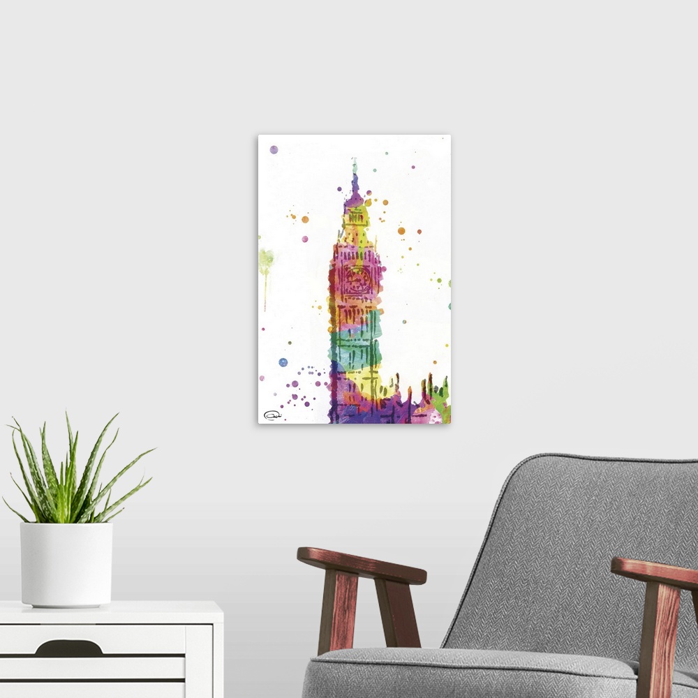A modern room featuring Rainbow watercolor image of Big Ben.