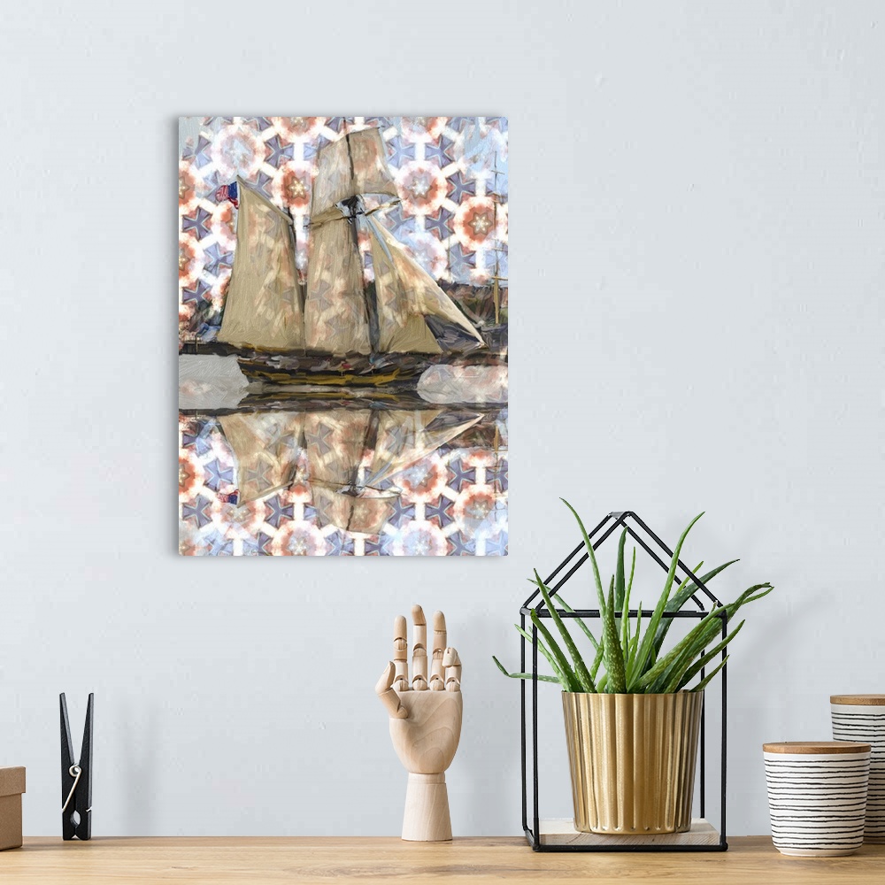 A bohemian room featuring Abstract painting of a sailboat with a star pattern on the sky reflecting into the water.