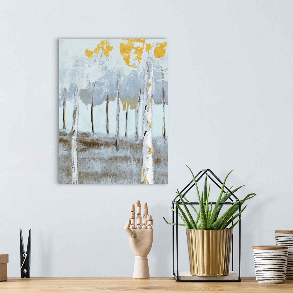 A bohemian room featuring Contemporary painting of a grove of grey birch trees with bright gold leaves.