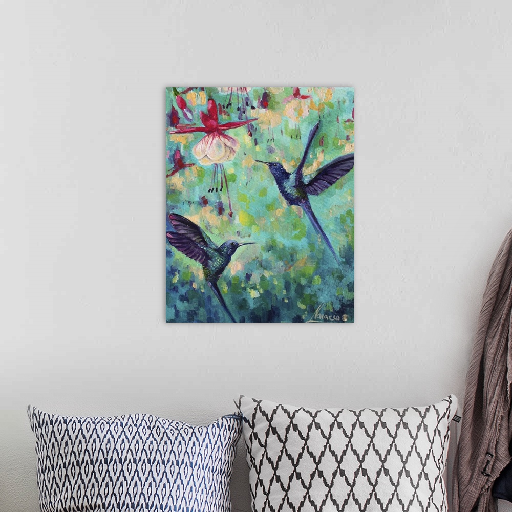 A bohemian room featuring Contemporary painting of hovering hummingbirds around vibrant flowers.