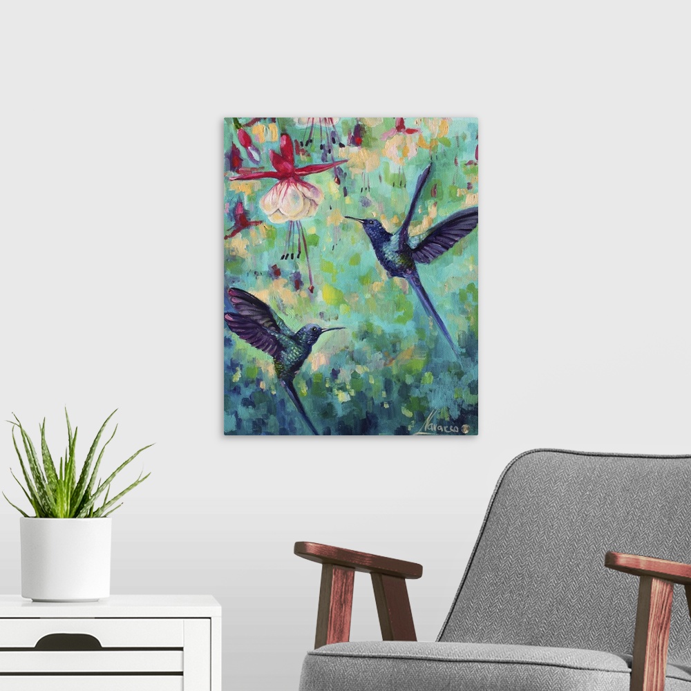 A modern room featuring Contemporary painting of hovering hummingbirds around vibrant flowers.