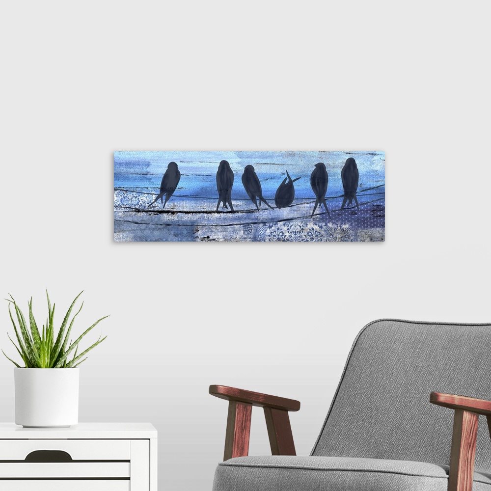 A modern room featuring Contemporary artwork of silhouetted birds on a line against a blue background.