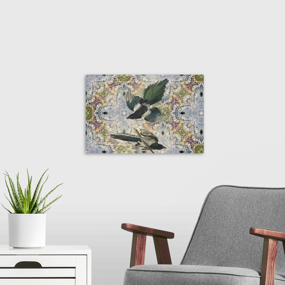 A modern room featuring Contemporary painting of two birds in flight on a blue, purple, and green decorative background.