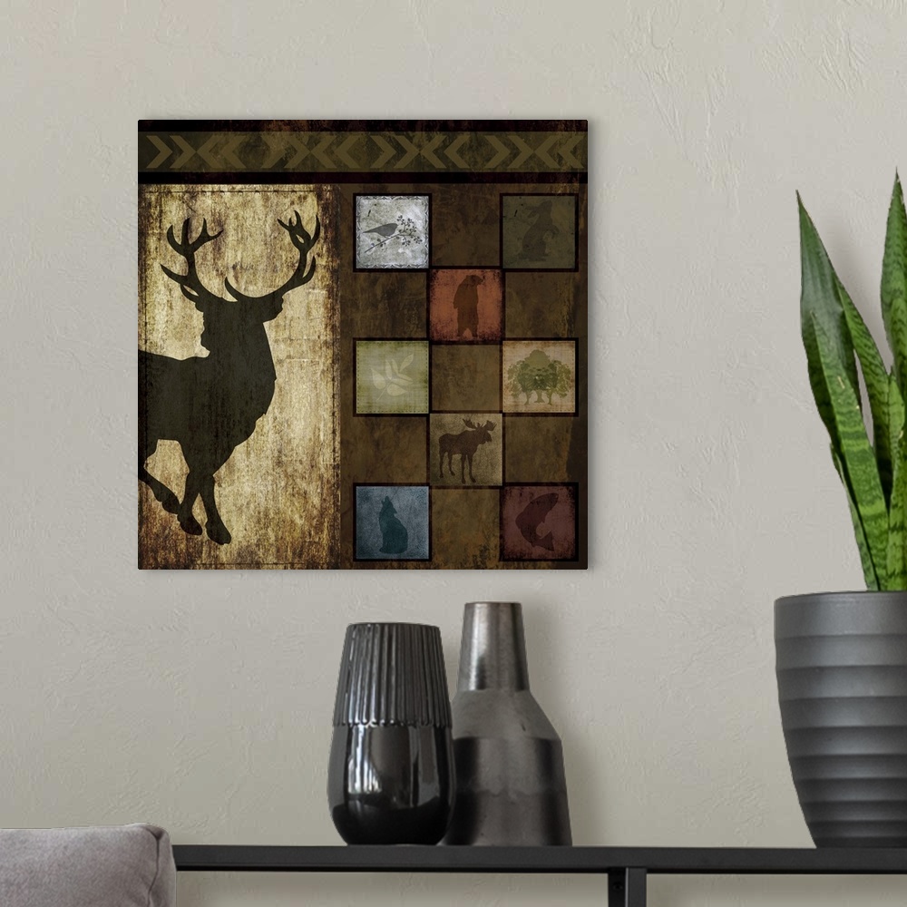 A modern room featuring Artwork of a silhouette of a stag next to tiles of other animal silhouettes.
