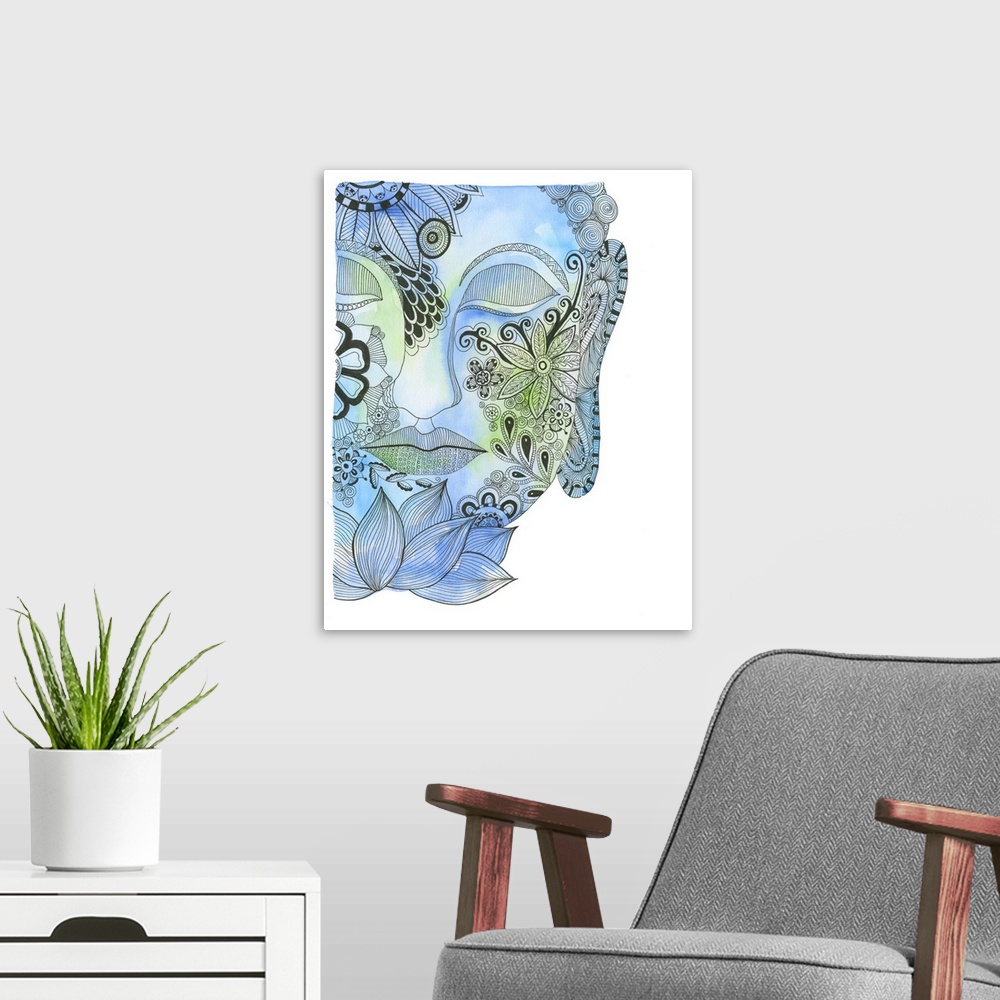 A modern room featuring Watercolor and ink painting of the face of Buddha, decorated with floral patterns.