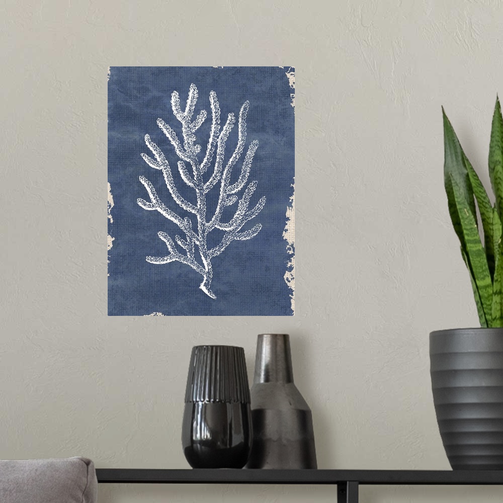 A modern room featuring White coral painting on a blue and tan burlap background.