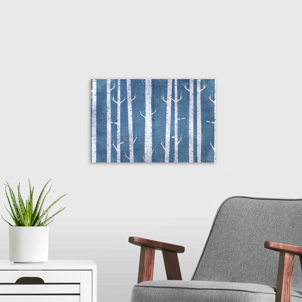 A modern room featuring Contemporary painting of white rustic cut-out style trees against a blue background.