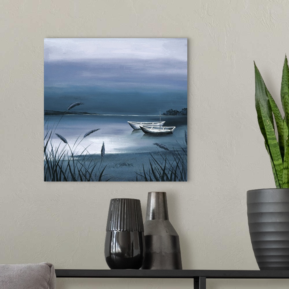 A modern room featuring Painting of two wooden boats at the edge of a lagoon in shades of deep blue.