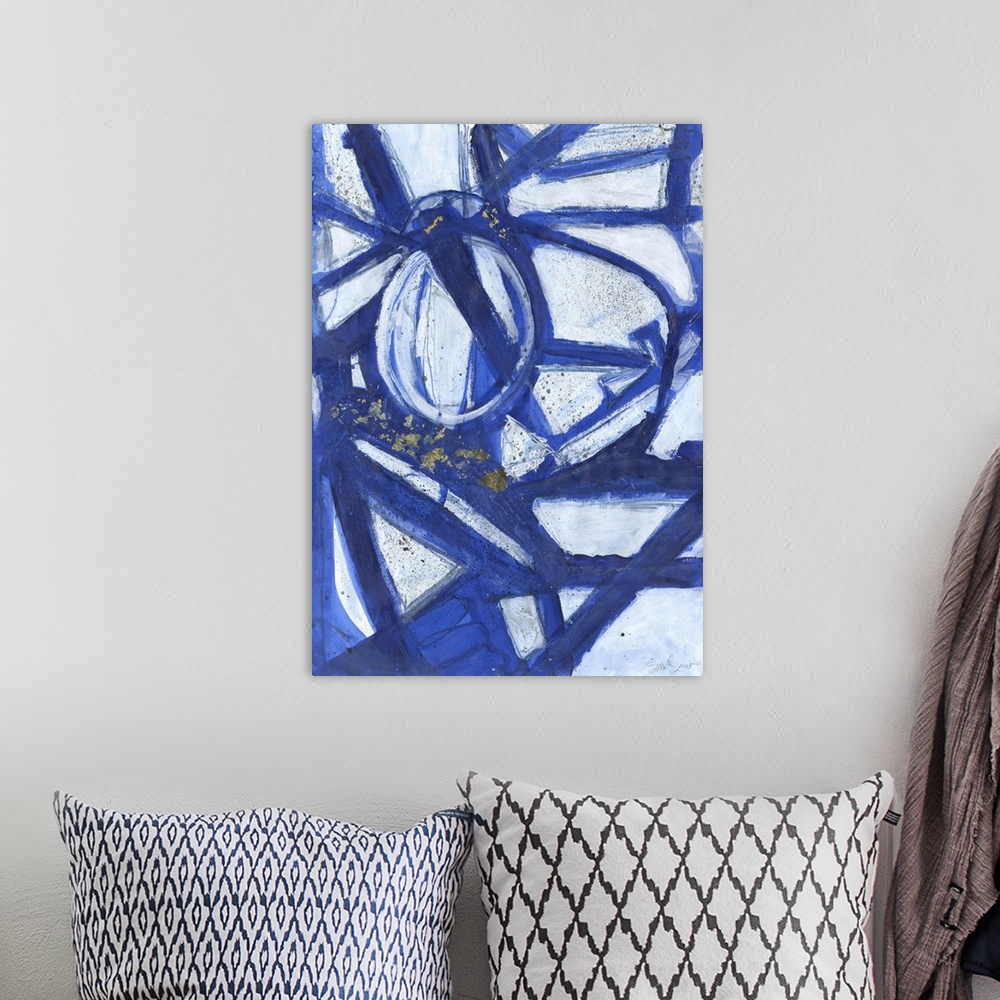 A bohemian room featuring Contemporary abstract painting of bold blue intersecting lines and curves.