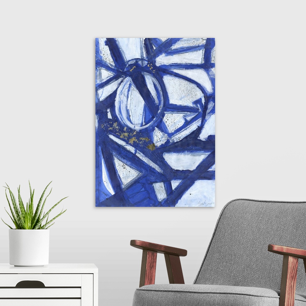 A modern room featuring Contemporary abstract painting of bold blue intersecting lines and curves.