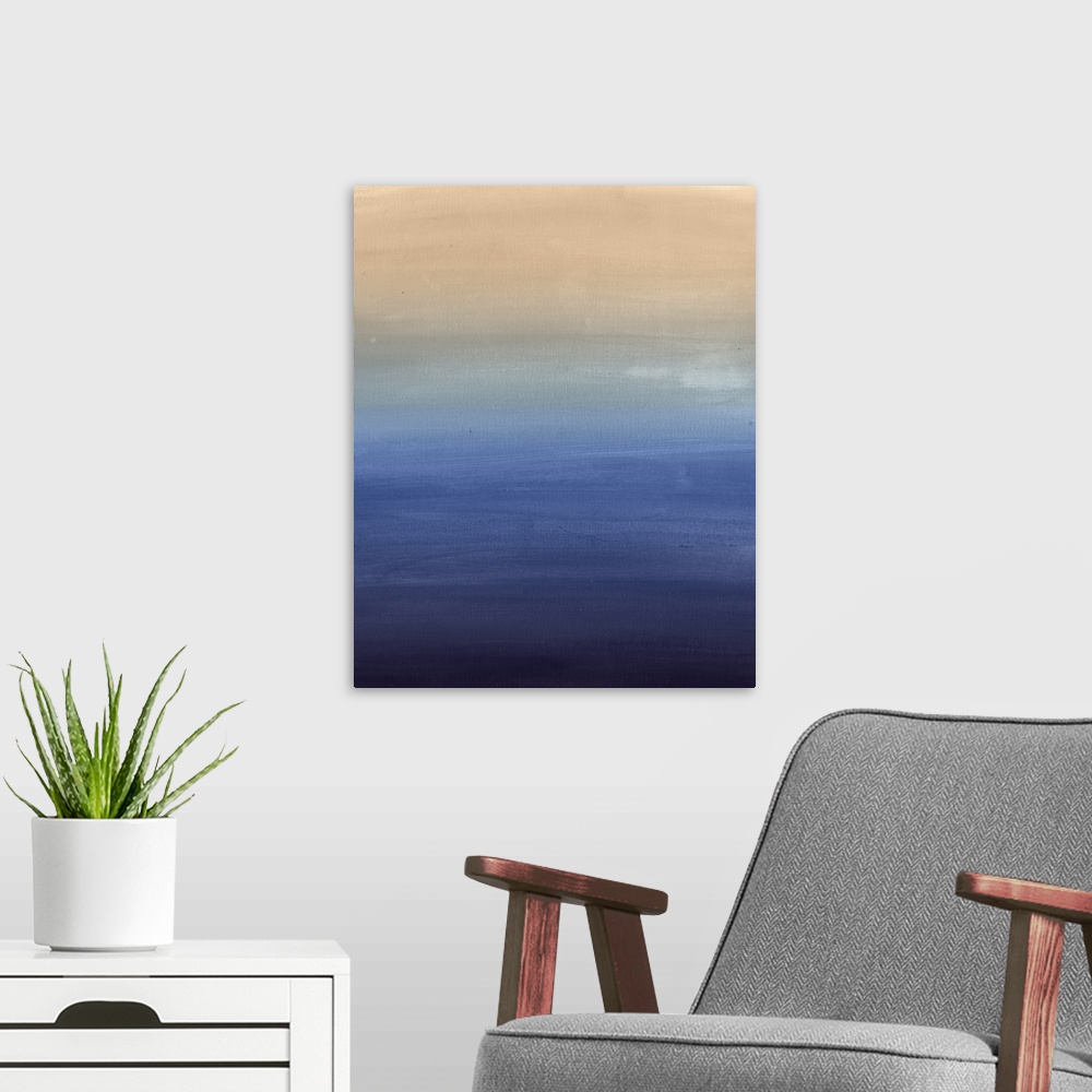 A modern room featuring Contemporary abstract painting in a blue and tan gradient.