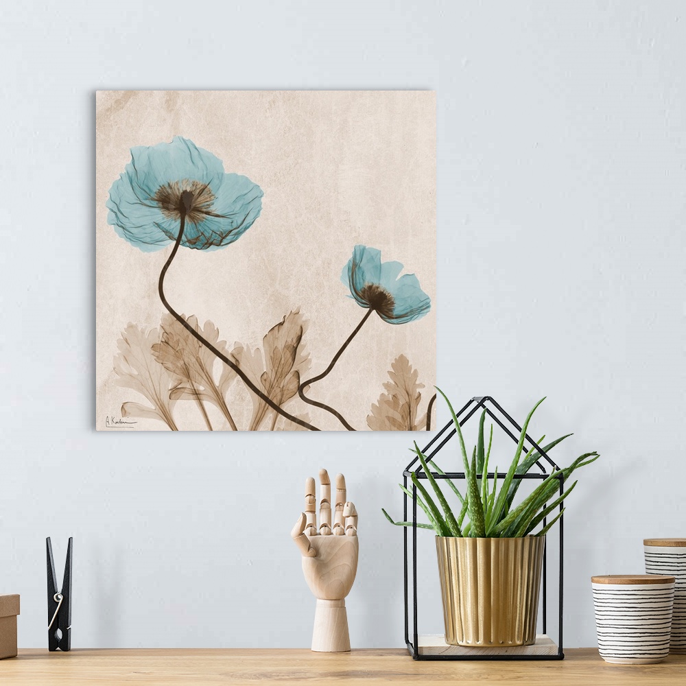 A bohemian room featuring Photograph of flower showing it's stem and petal structures on an abstract background with a subt...