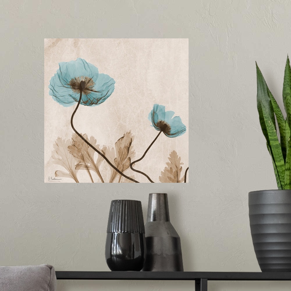 A modern room featuring Photograph of flower showing it's stem and petal structures on an abstract background with a subt...
