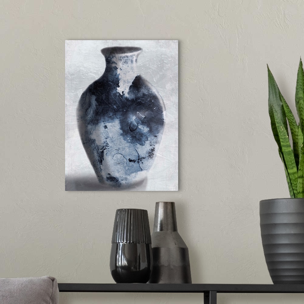 A modern room featuring Watercolor painting of a dark blue vase casting a shadow.