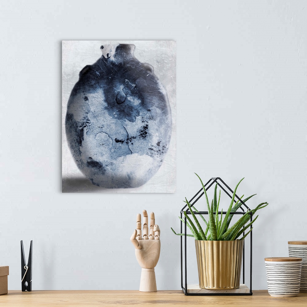 A bohemian room featuring Watercolor painting of a dark blue vase casting a shadow.