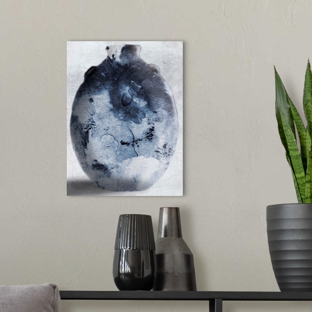 A modern room featuring Watercolor painting of a dark blue vase casting a shadow.