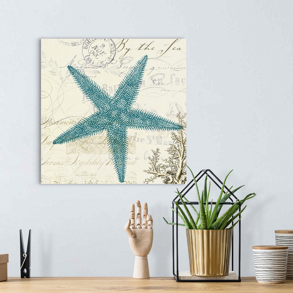 A bohemian room featuring Artwork of a blue starfish against a beige background with a postage stamp and script written on it.