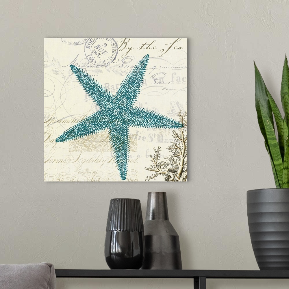 A modern room featuring Artwork of a blue starfish against a beige background with a postage stamp and script written on it.