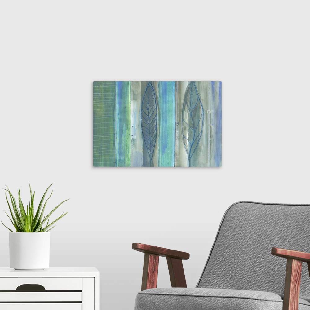 A modern room featuring Contemporary abstract artwork of vertical blocks of color with leaf imprints.