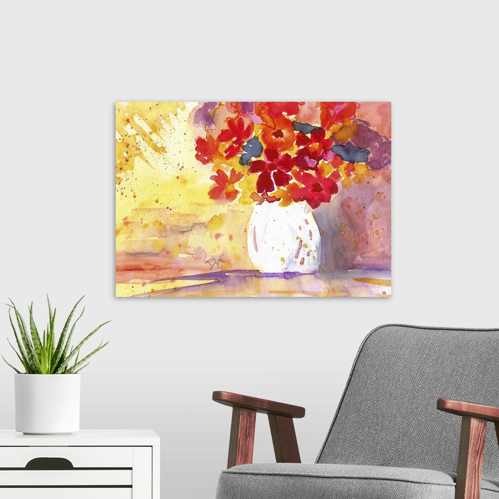 A modern room featuring Warm toned watercolor painting of a bouquet of flowers in a vase