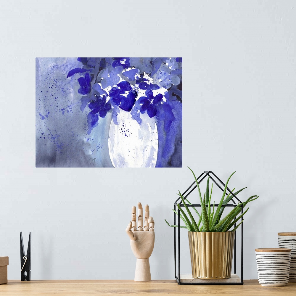 A bohemian room featuring Cool toned watercolor painting of a bouquet of flowers in a vase