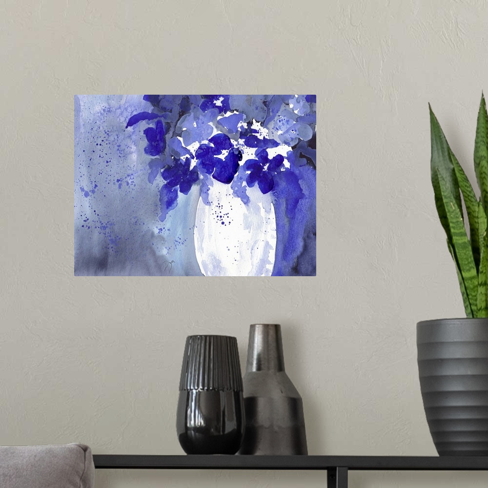 A modern room featuring Cool toned watercolor painting of a bouquet of flowers in a vase