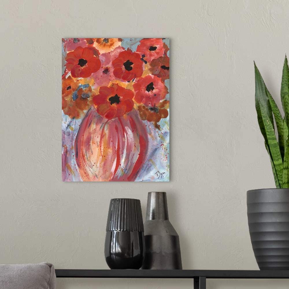 A modern room featuring Contemporary painting of a vase holding warm toned flowers.