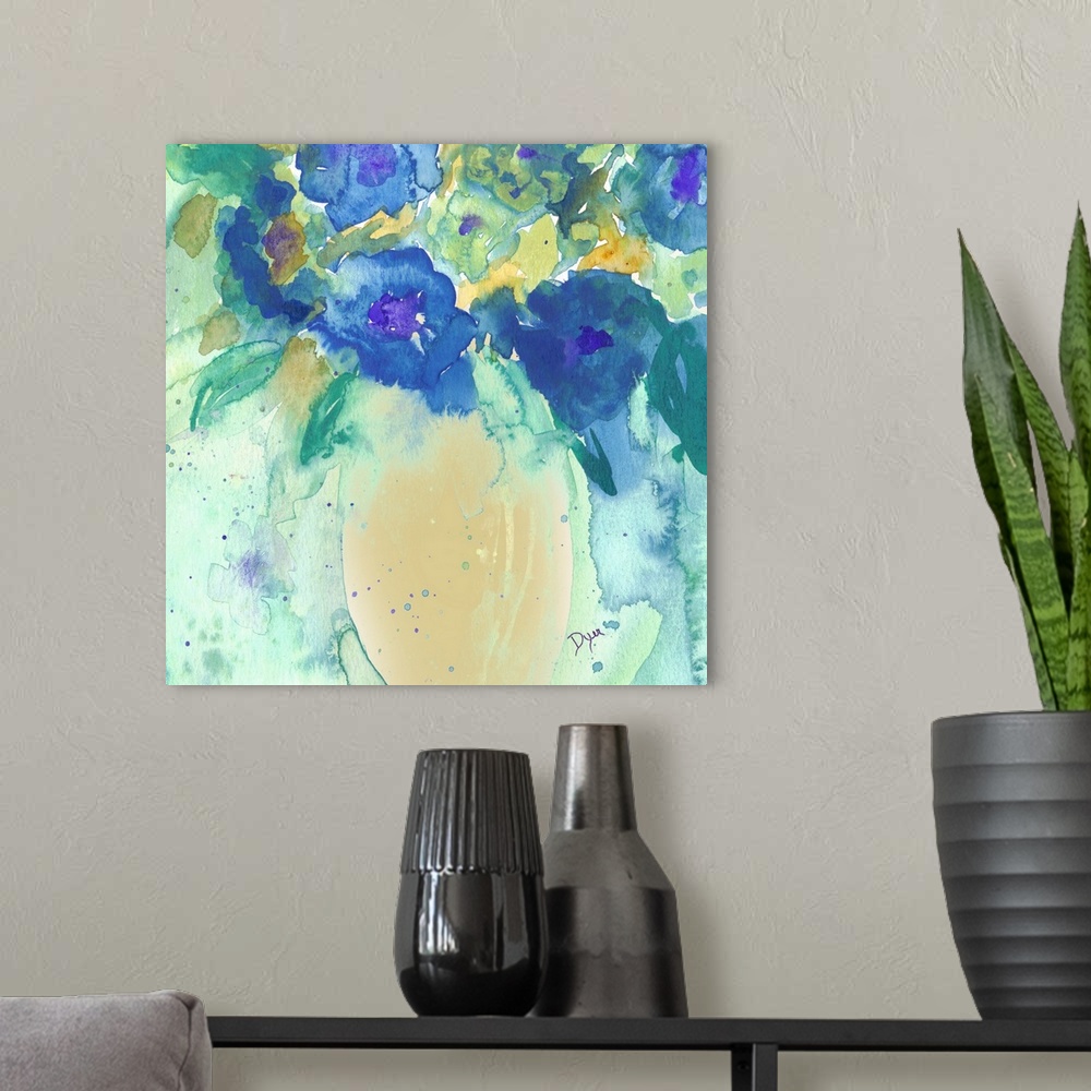 A modern room featuring Watercolor painting of a bouquet of flowers in a vase.