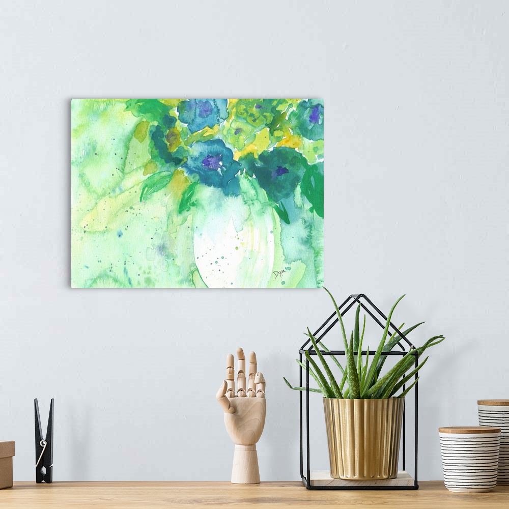A bohemian room featuring Cool toned watercolor painting of a bouquet of flowers in a vase