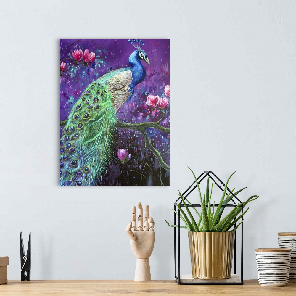 A bohemian room featuring Contemporary vibrant painting of a male peacock perched on a branch against an interstellar backg...