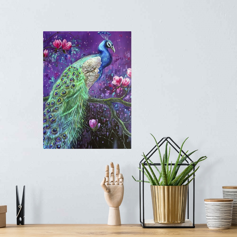A bohemian room featuring Contemporary vibrant painting of a male peacock perched on a branch against an interstellar backg...